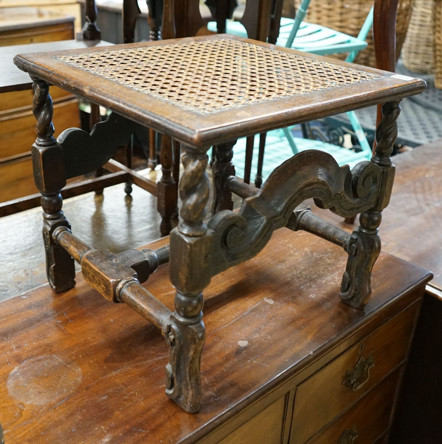 A Carolean design square caned oak stool, 46cm, height 42cm